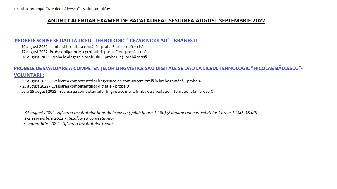 Anunț calendar examen de Bacalaureat: sesiunea August - Septembrie 2022